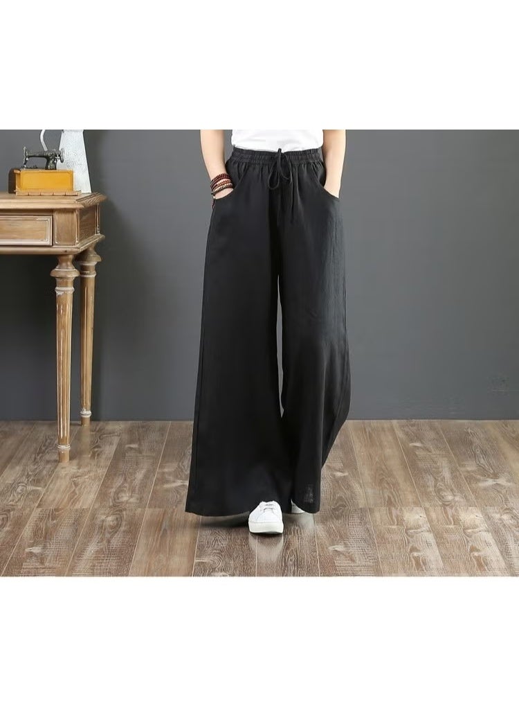 Barbora Linen Casual Trousers with Elastic Waistband and Lace-Up LN12BLACK - Image 2